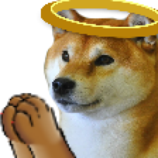 Doge meme dog with a golden halo and paws pressed together in thanks