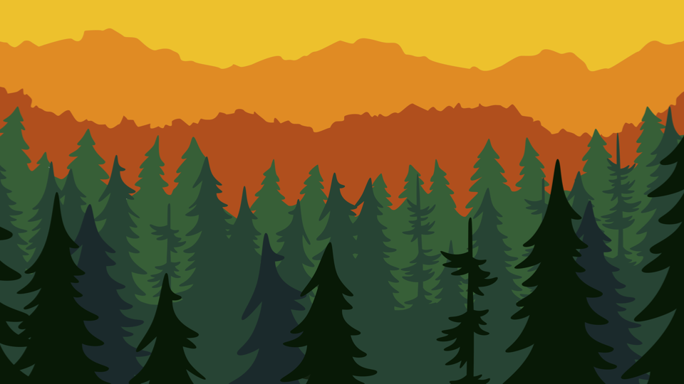 Illustration of a pine forest silhouetted against an orange sunset