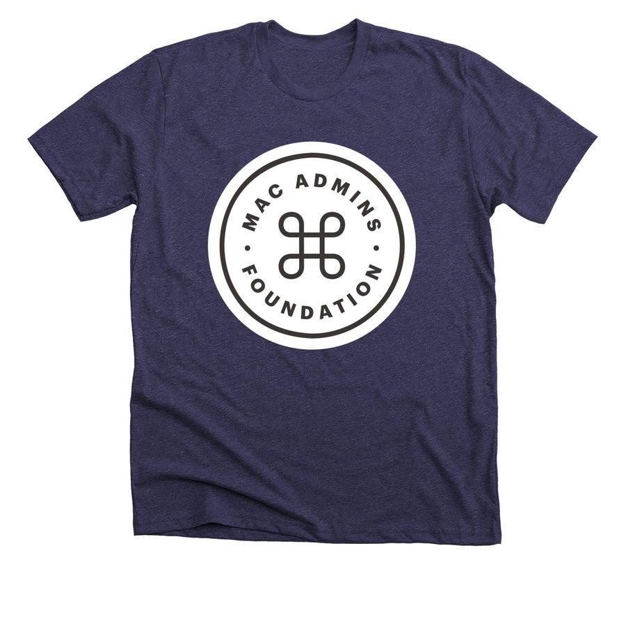 Navy t-shirt with the white circular Mac Admins Foundation roundel logo