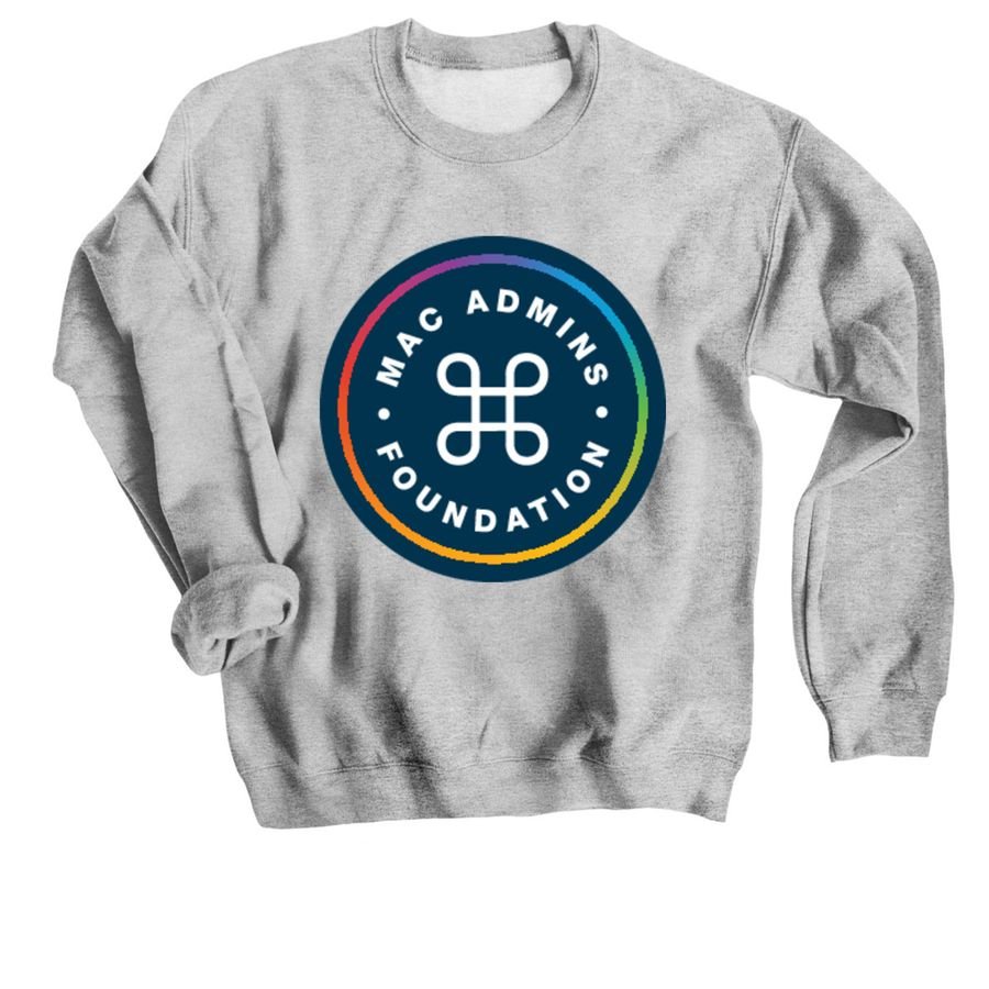 Grey crewneck sweatshirt with the Mac Admins Foundation roundel logo in a rainbow ring
