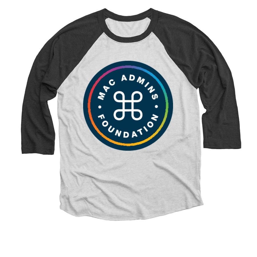 White and black raglan baseball tee with the rainbow-ringed Mac Admins Foundation roundel logo