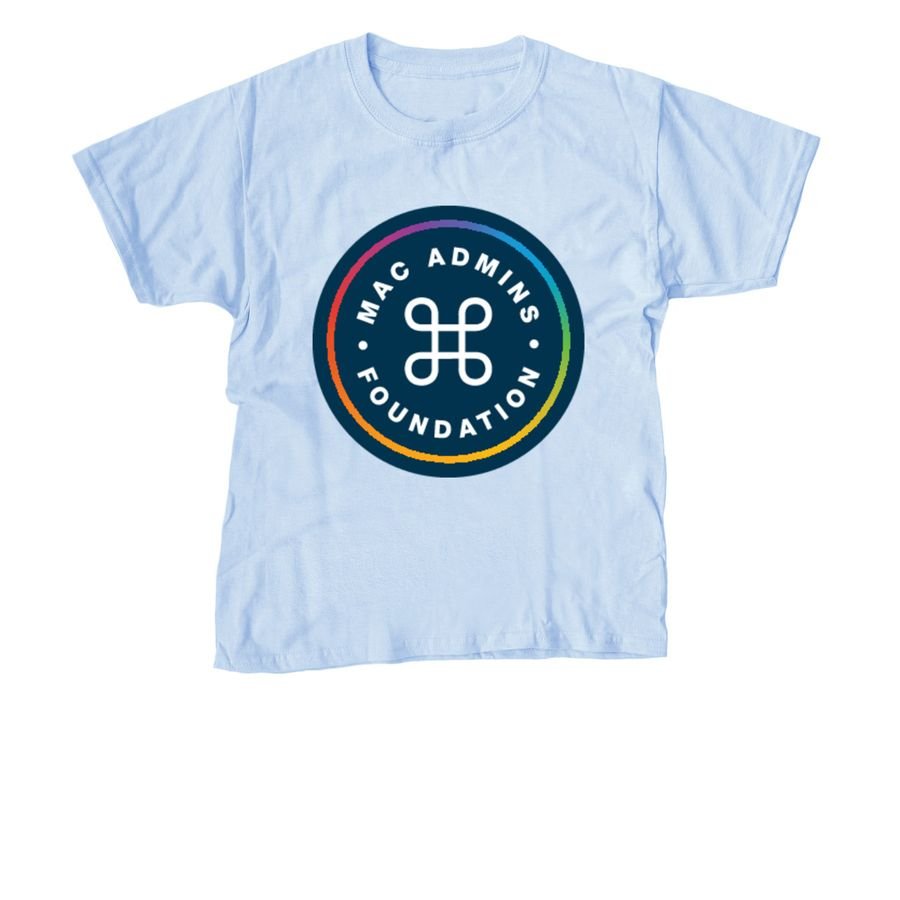 Light blue t-shirt with the rainbow-ringed Mac Admins Foundation roundel logo