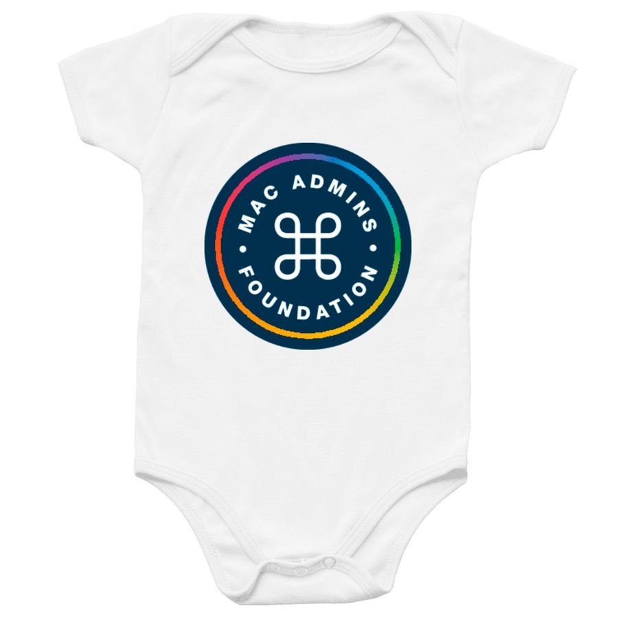 White baby bodysuit with the rainbow-ringed Mac Admins Foundation roundel logo