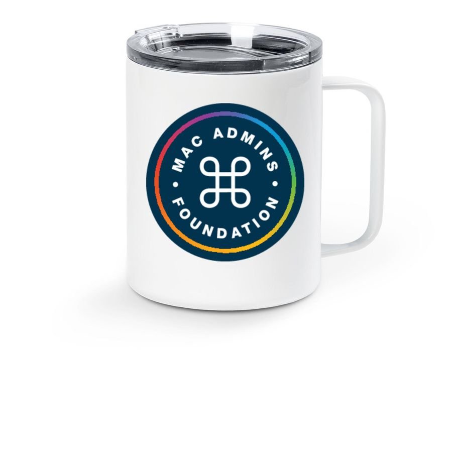 White insulated travel mug with the rainbow-ringed Mac Admins Foundation roundel logo