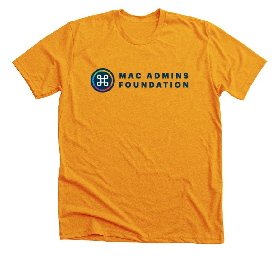 Gold t-shirt with the rainbow-ringed Mac Admins Foundation logo and navy wordmark