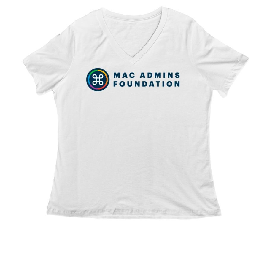 White V-neck t-shirt with the rainbow-ringed Mac Admins Foundation logo and navy wordmark
