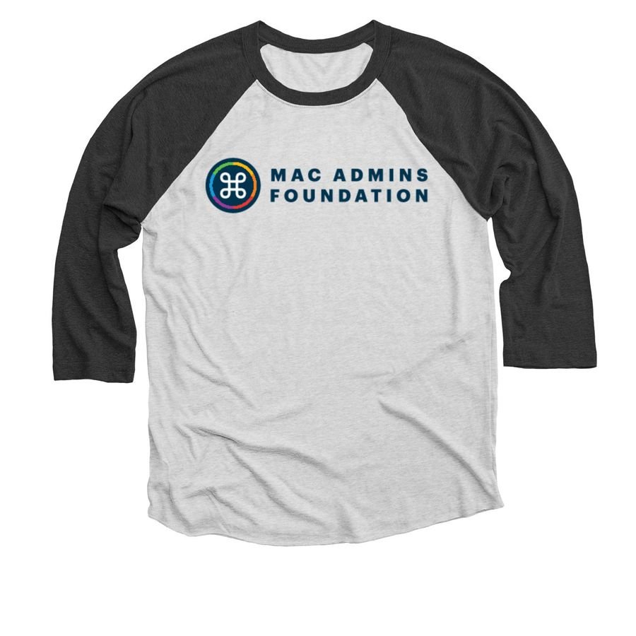 White and black raglan baseball tee with the Mac Admins Foundation logo and navy wordmark
