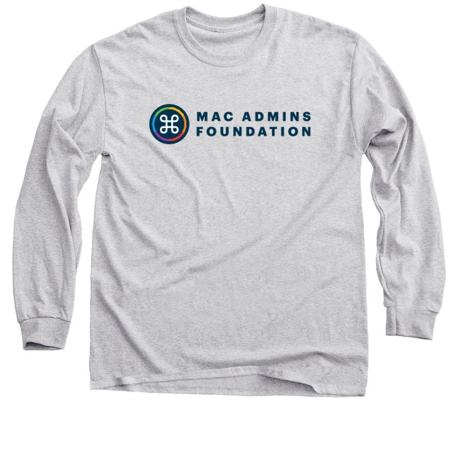 Grey long-sleeve shirt with the rainbow-ringed Mac Admins Foundation logo and navy wordmark