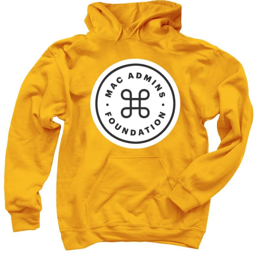 Gold pullover hoodie with the white circular Mac Admins Foundation roundel logo