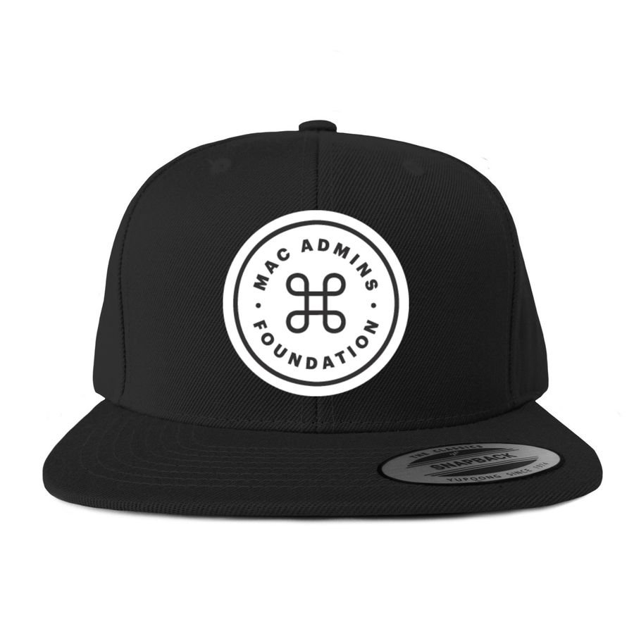 Black flat-brim snapback cap with the white circular Mac Admins Foundation roundel logo patch