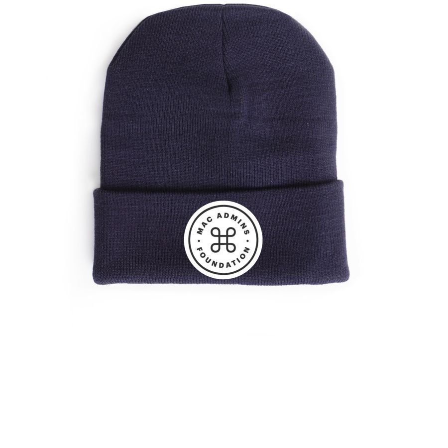Navy cuffed beanie with the white circular Mac Admins Foundation roundel logo patch