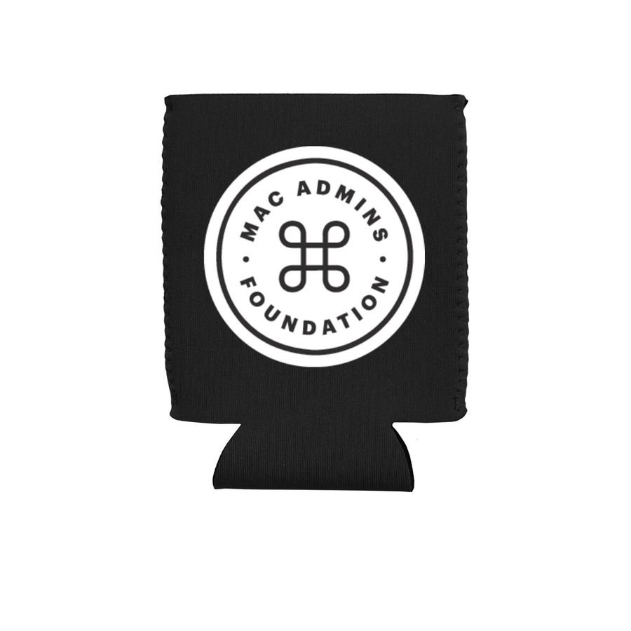 Black can cooler with the white circular Mac Admins Foundation roundel logo