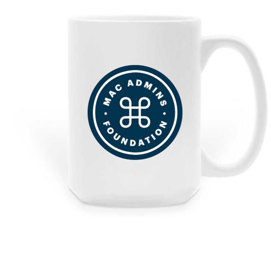 White mug printed with the navy circular Mac Admins Foundation roundel logo