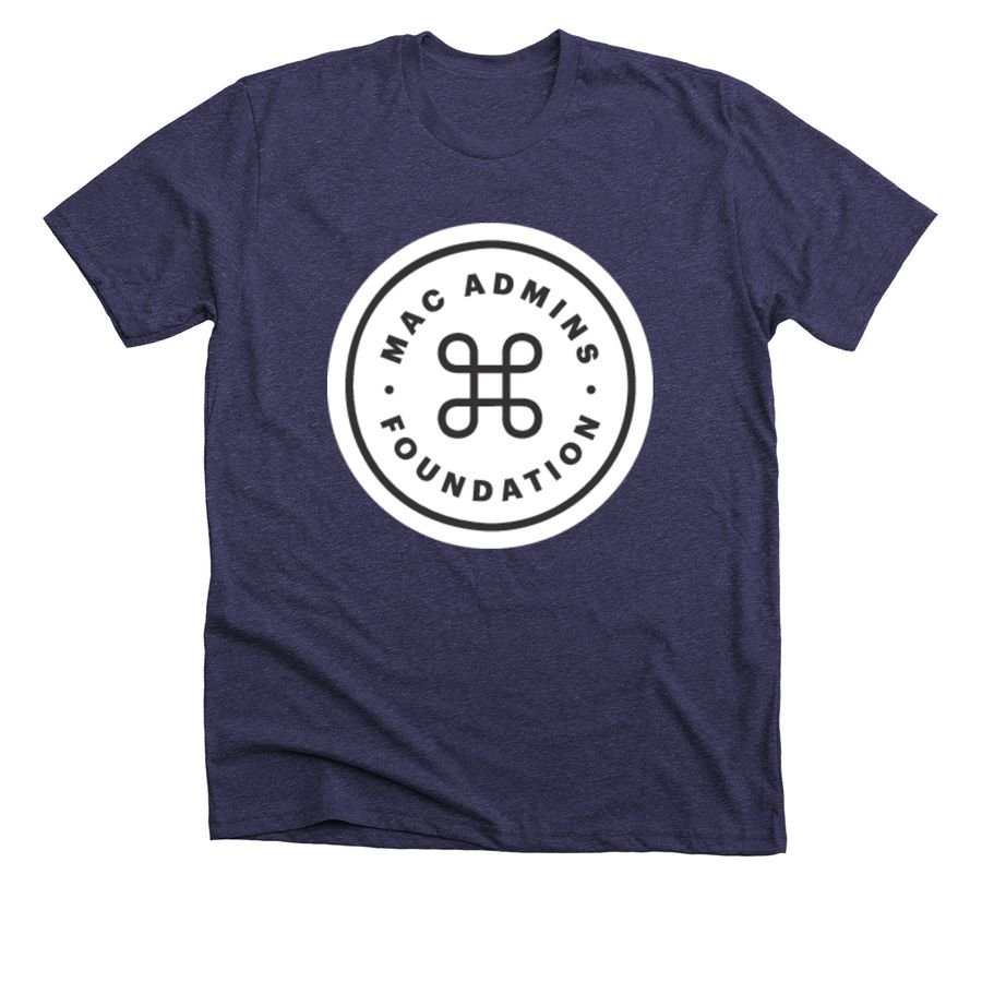 Navy t-shirt with the white circular Mac Admins Foundation roundel logo